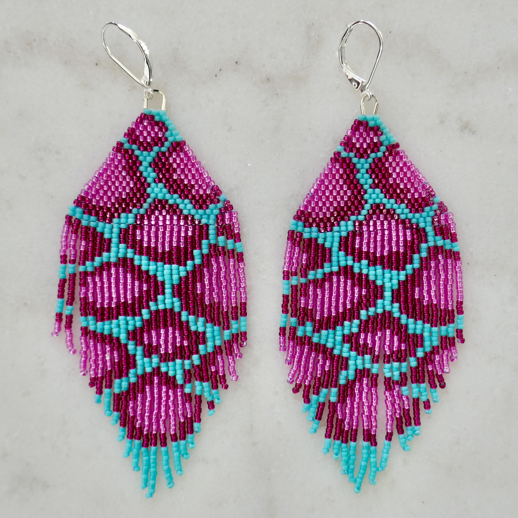 Turquoise & Berry Animalia - Glass Micro Bead Earrings - Large