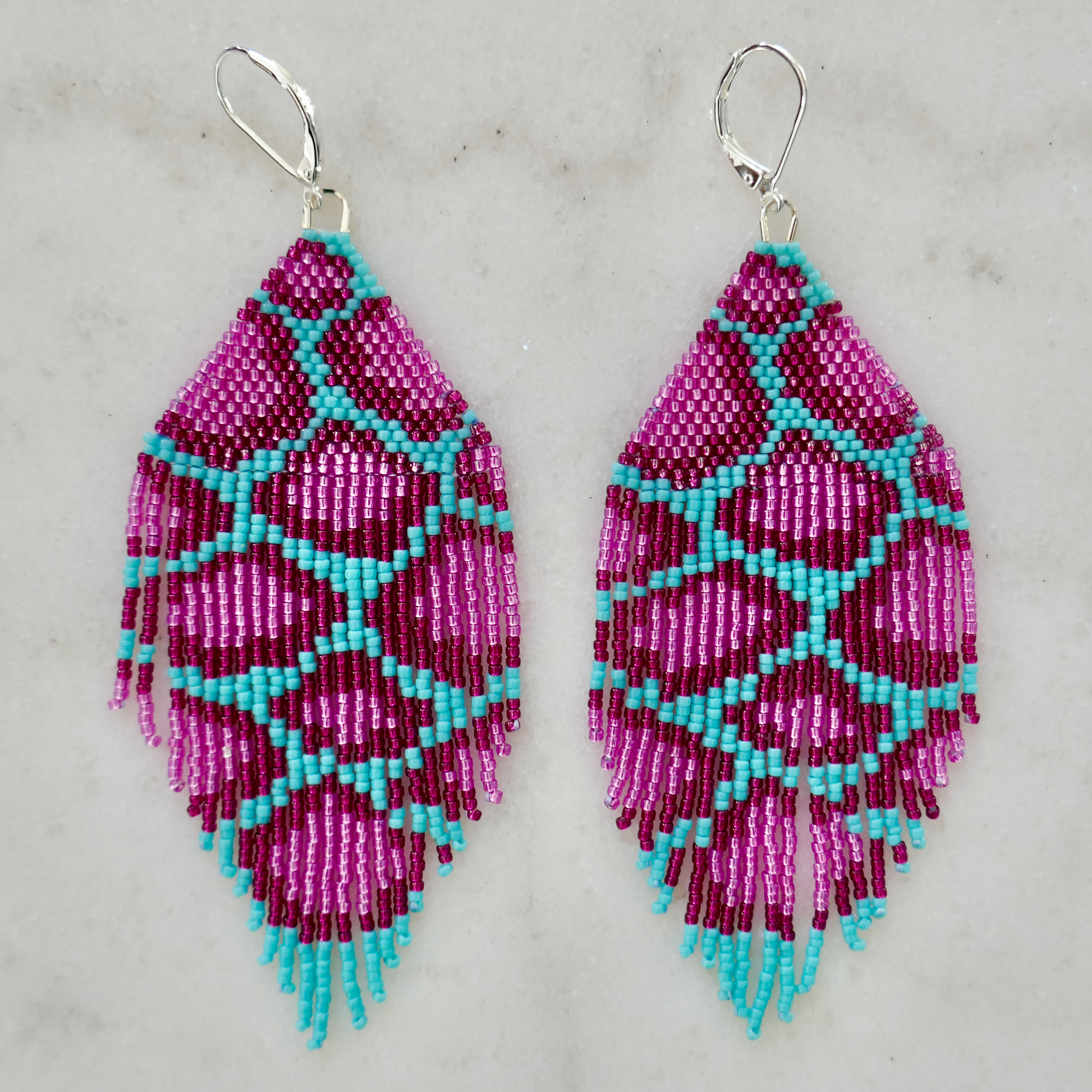 Turquoise & Berry Animalia - Glass Micro Bead Earrings - Large