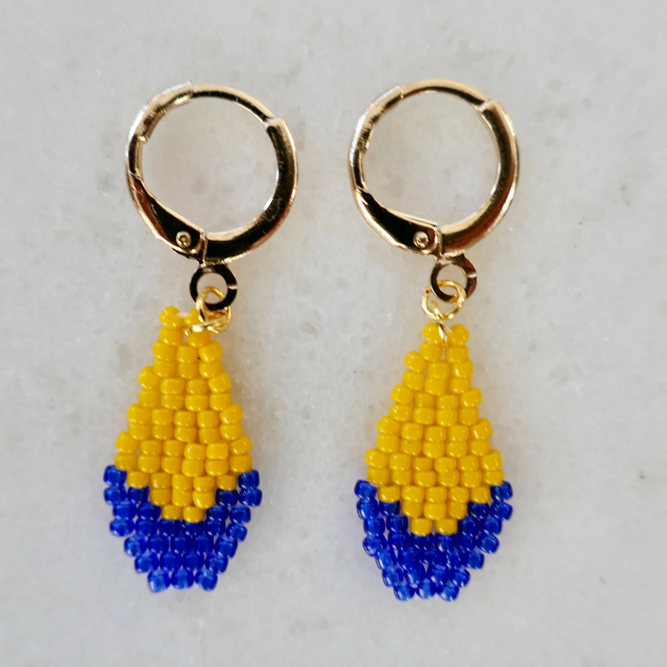 Bright Spark Navy & Yellow - Micro Glass Bead Teardrop-Shaped Earrings - Tiny