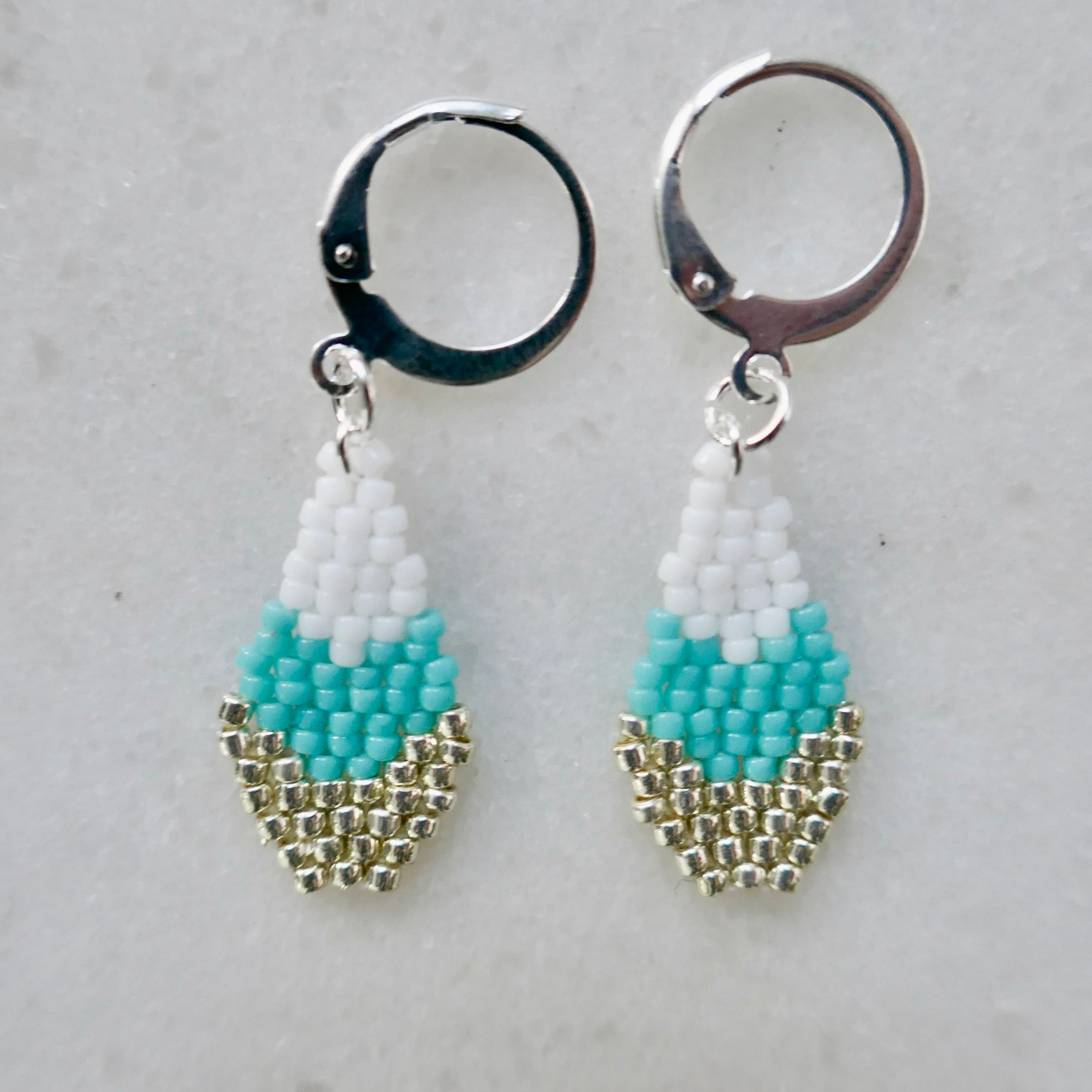Bright Spark White & Aqua - Micro Glass Bead Teardrop-Shaped Earrings - Tiny