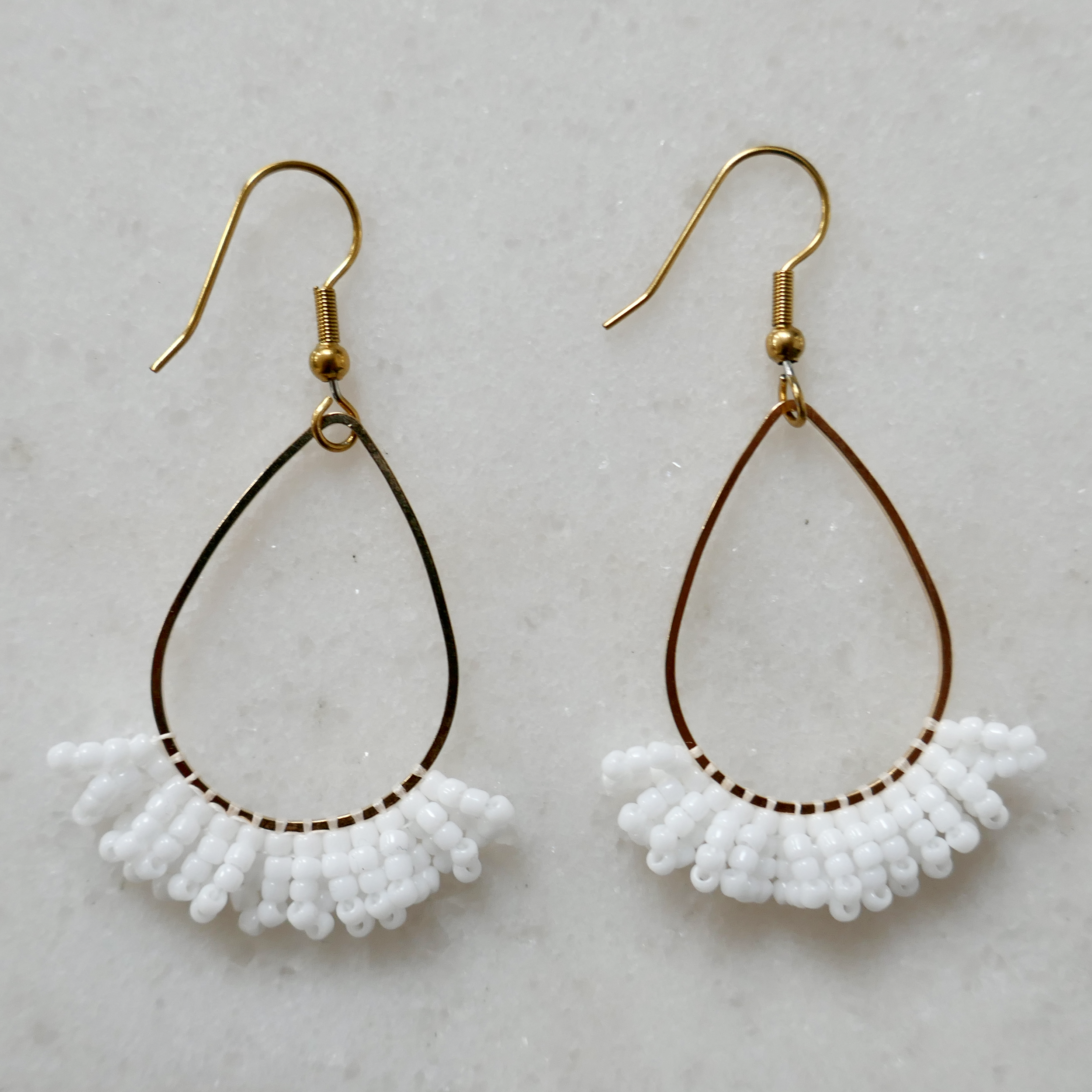 Golden Teardrop & White Glass Bead Earrings - Medium