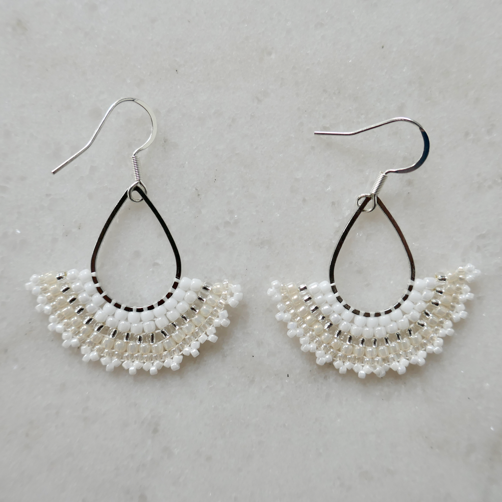 Silver Teardrop & White Glass Bead Earrings - Medium