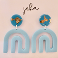 Golden Aqua Abstract Arch - Polymer Clay Dangle Earrings