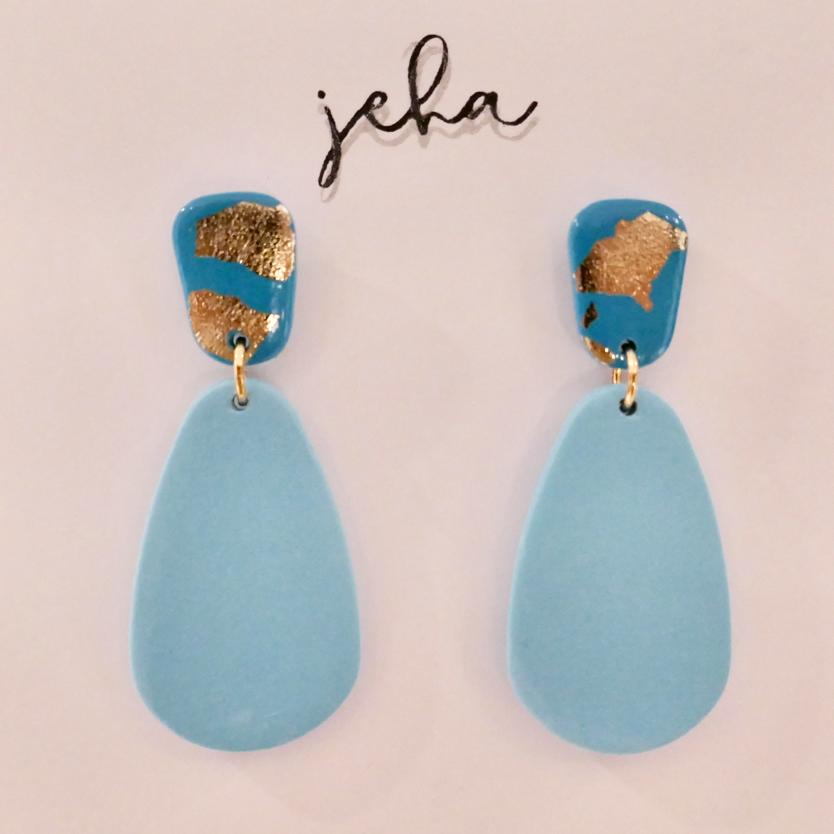 Golden Aqua Tear Drops - Polymer Clay Dangle Earrings