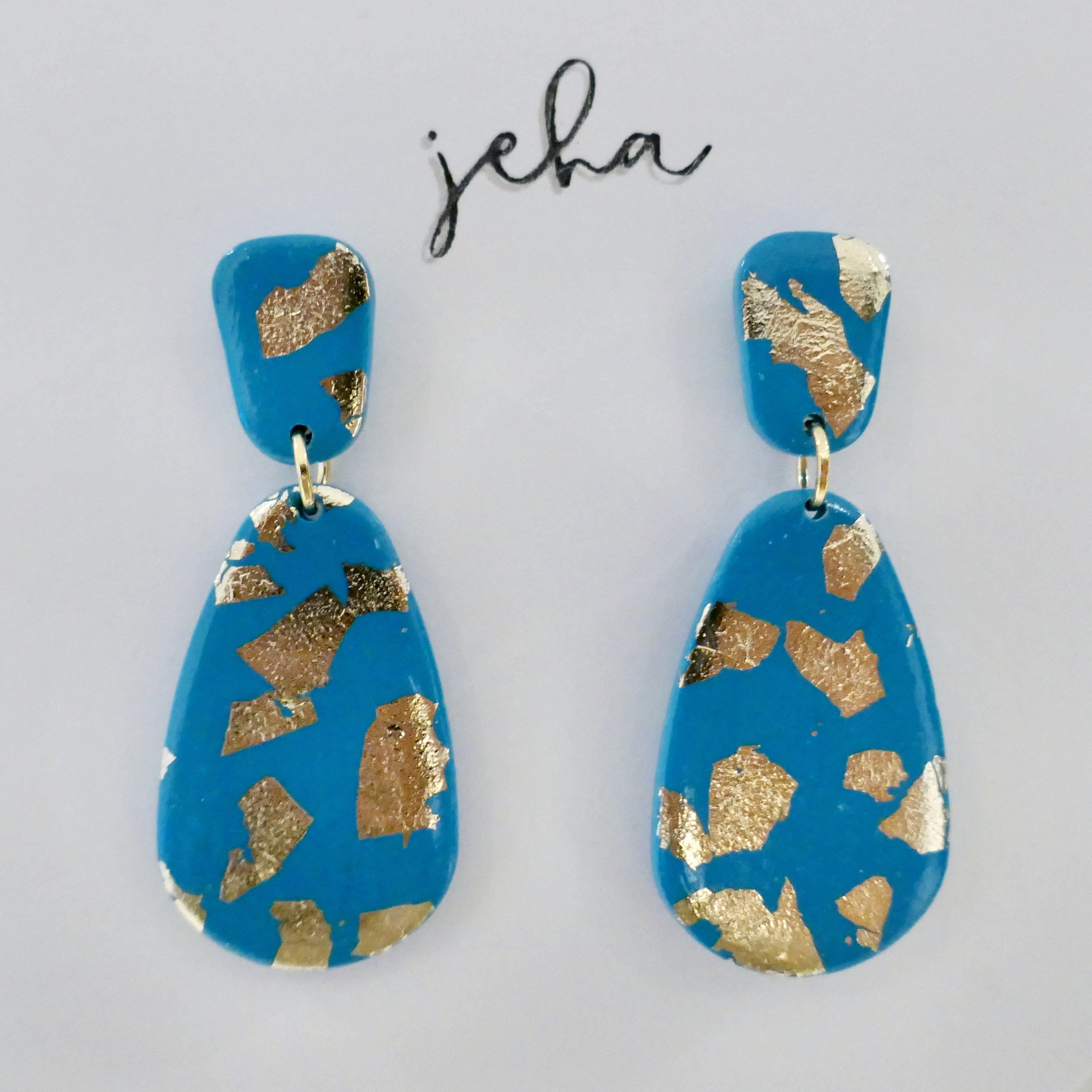 Golden Aqua Tear Drops 3 - Polymer Clay Dangle Earrings