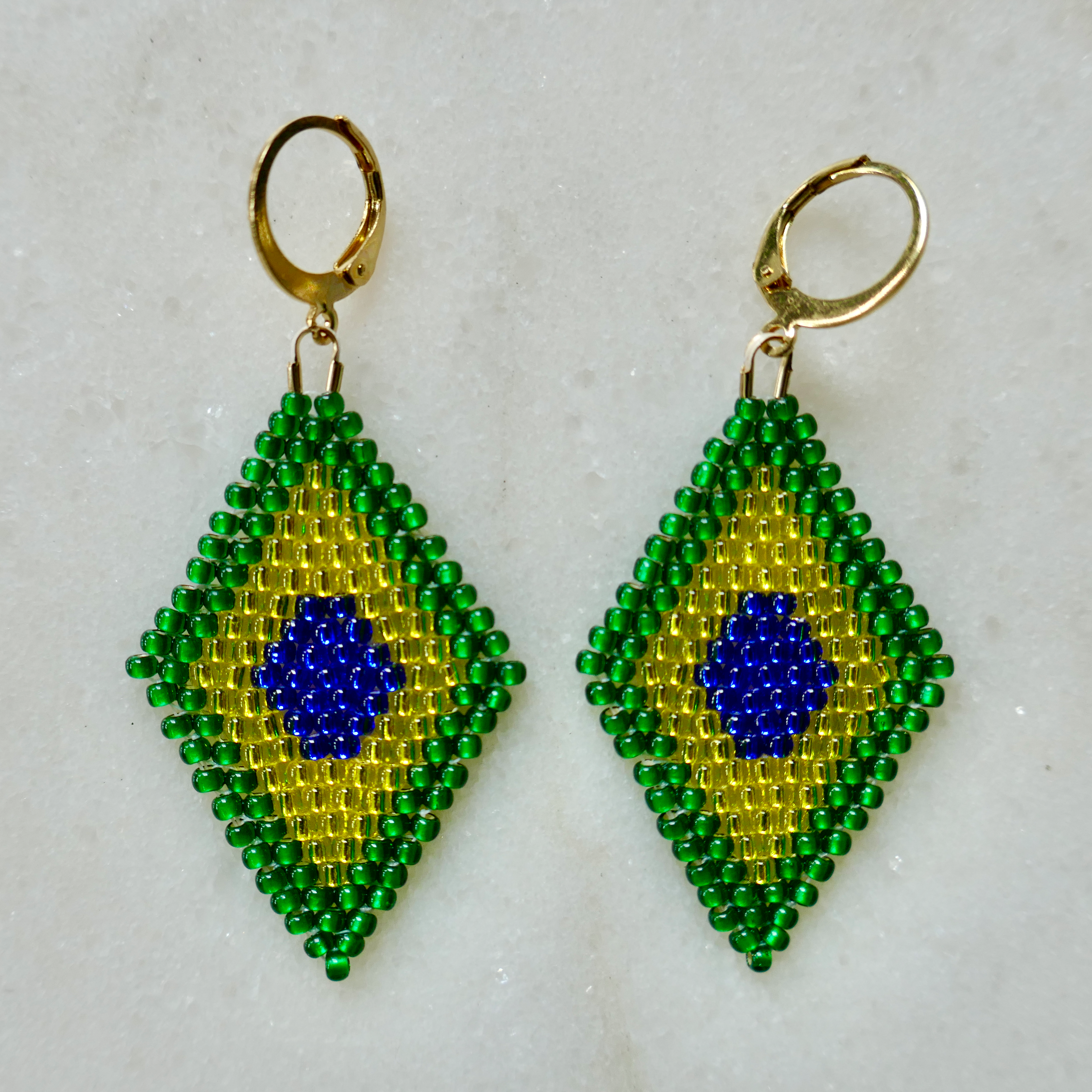 Brasileira! - Glass Bead Diamond-Shaped Earrings - Small Frosted Forest Green