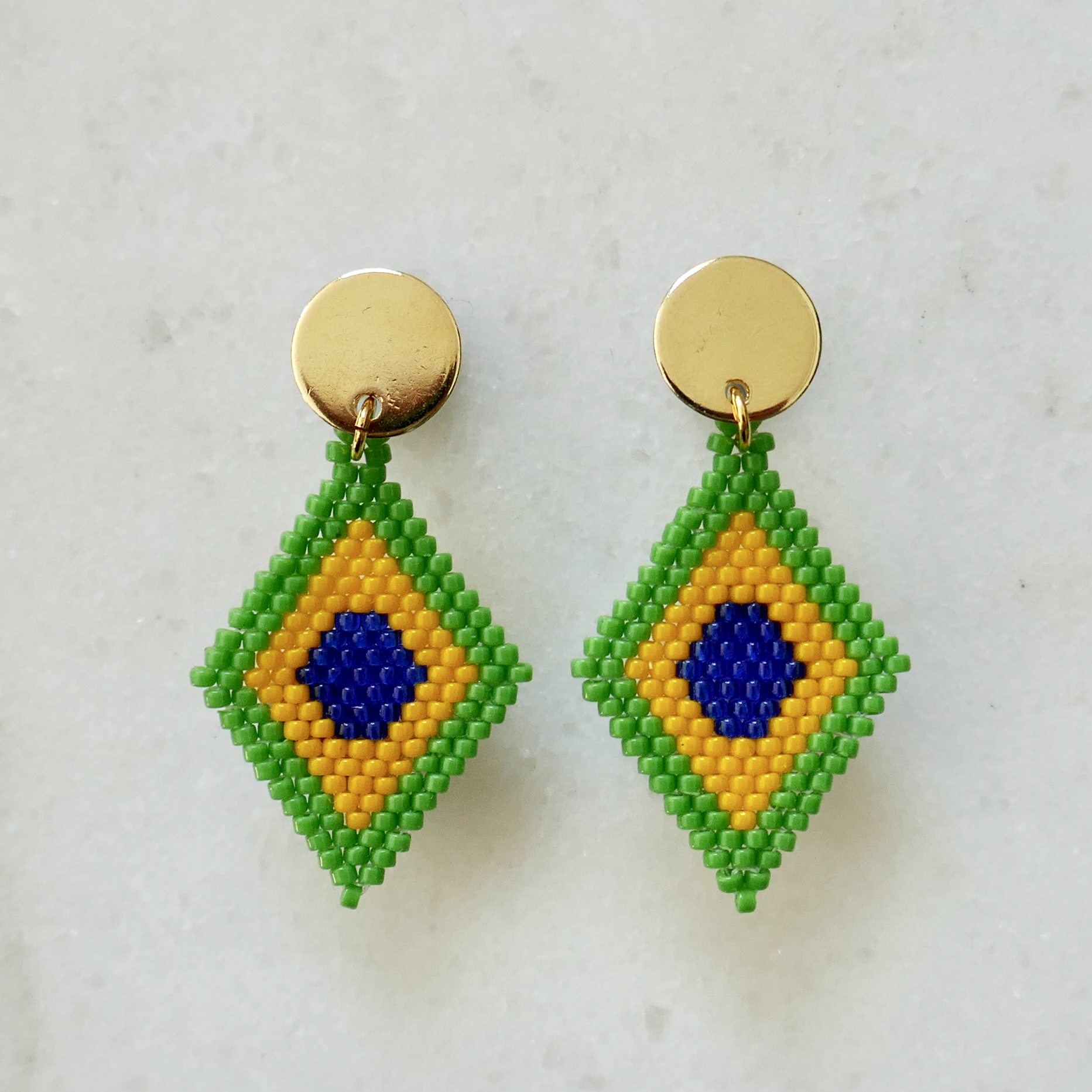 Brasileira! - Glass Bead Diamond-Shaped Earrings - Small Opaque Mint Green Gold Studs