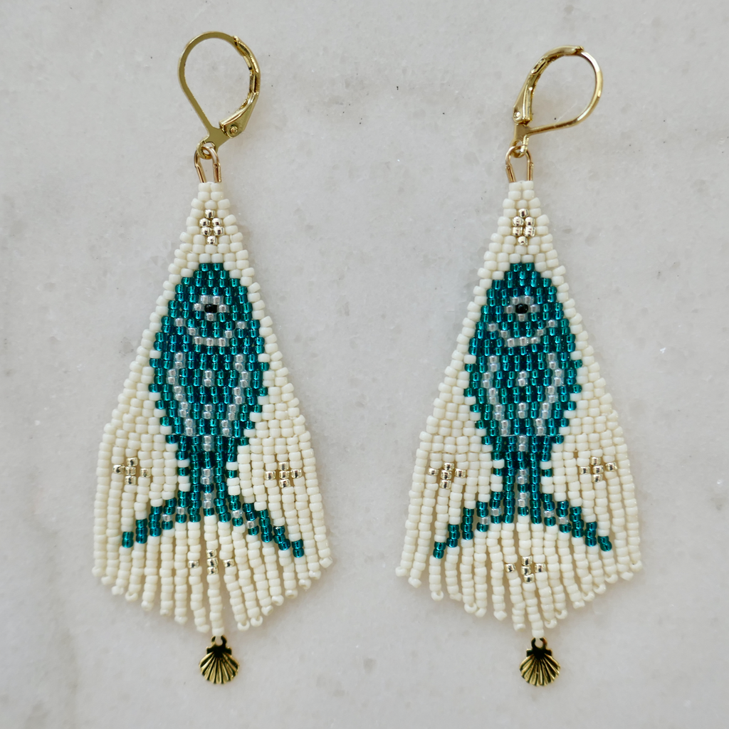 Marine Dream Tuna - Tasselled Glass Micro Bead Earrings - Medium