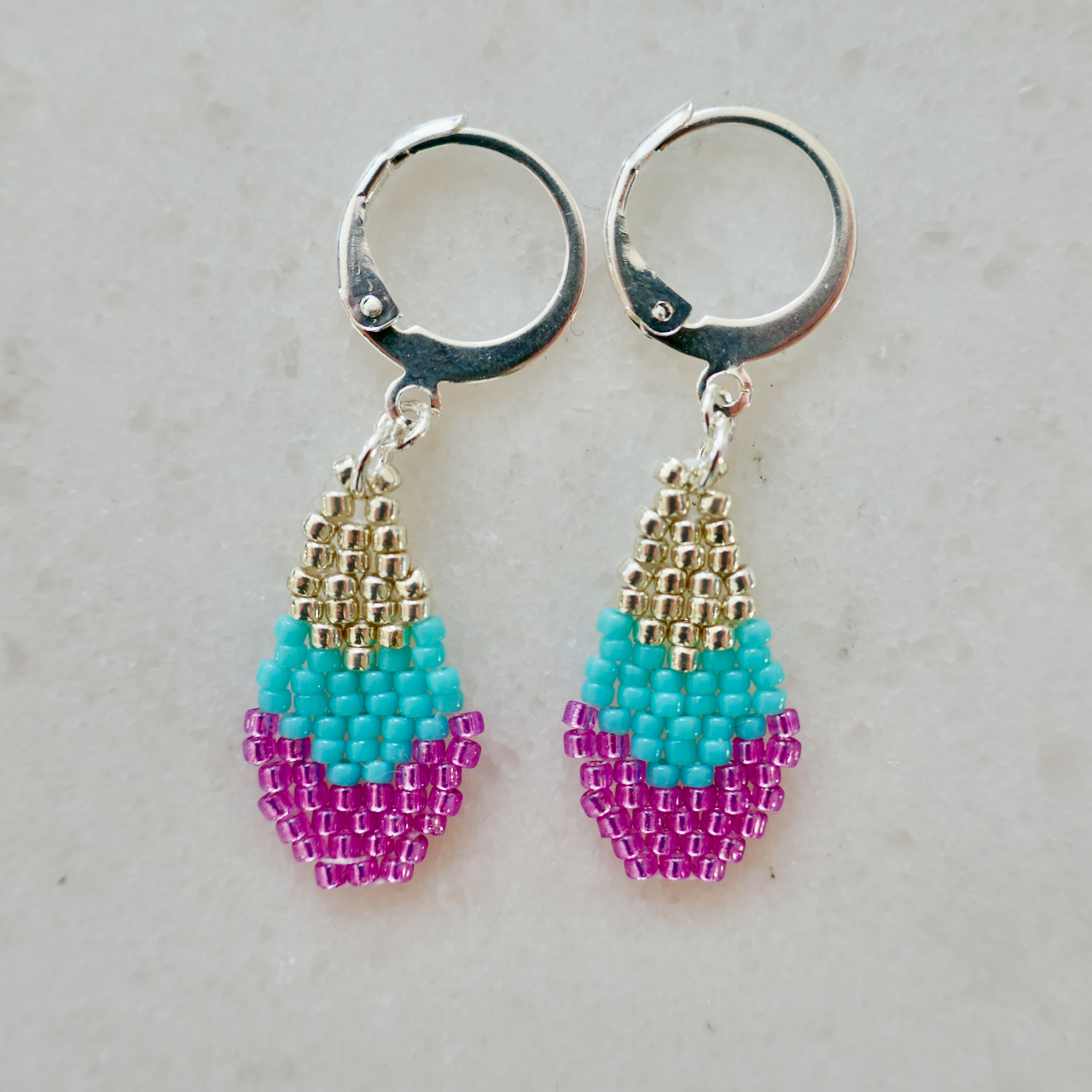 Bright Spark Berry & Aqua - Micro Glass Bead Teardrop-Shaped Earrings - Tiny