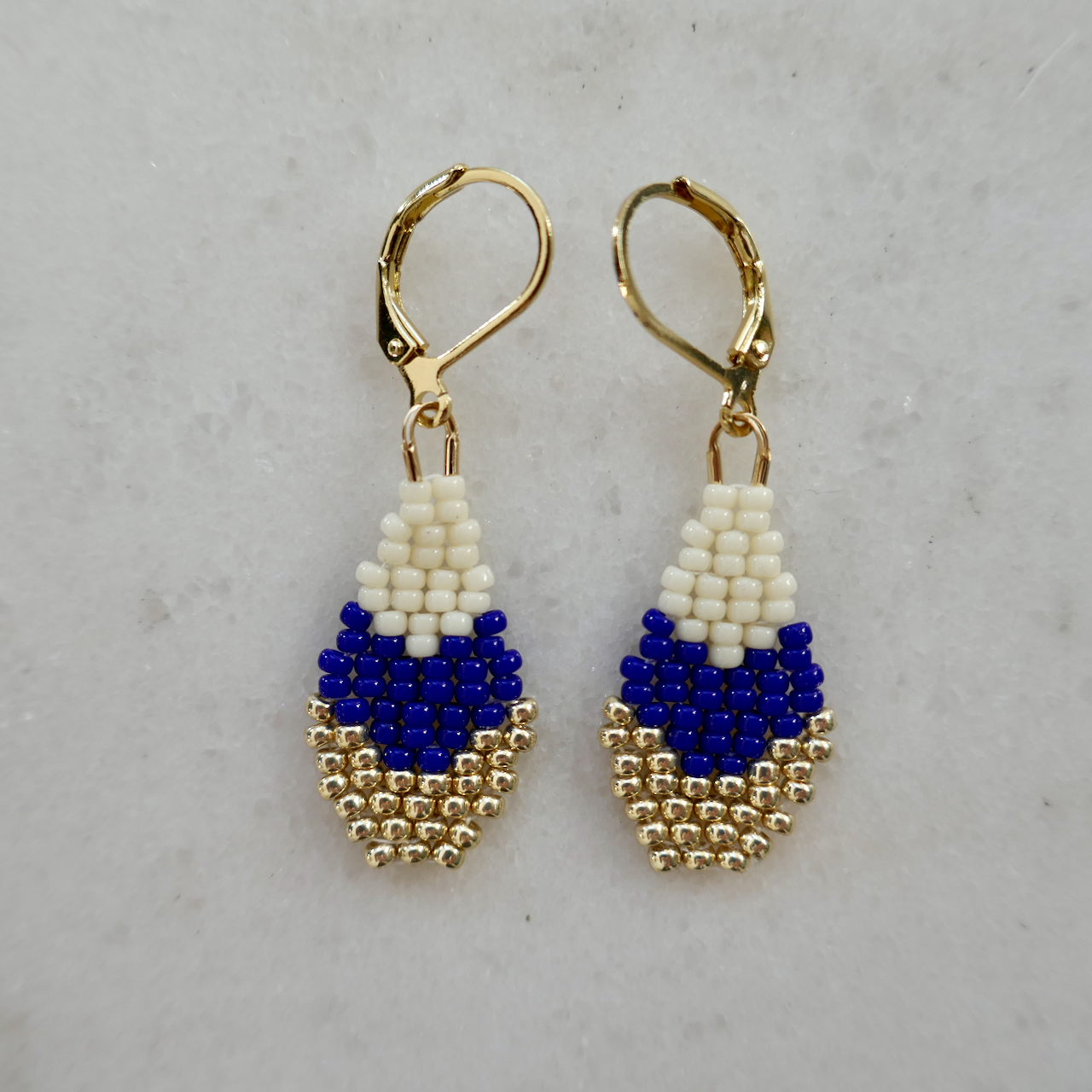 Bright Spot Navy, White & Light Gold - Glass Bead Teardrop-Shaped Earrings - Tiny