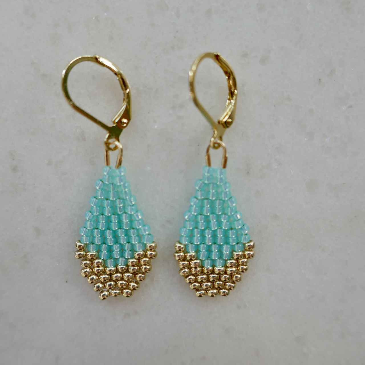 Bright Spot Turquoise & Light Gold - Glass Bead Teardrop-Shaped Earrings - Tiny