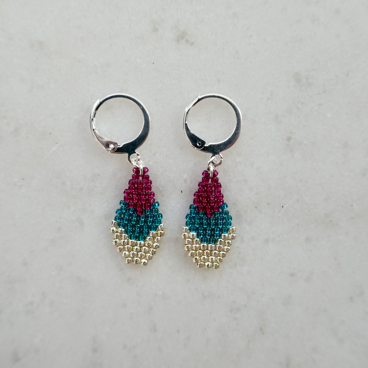 Bright Spark Dragonfruit, Teal & Light Gold - Micro Glass Bead Teardrop-Shaped Earrings - Tiny