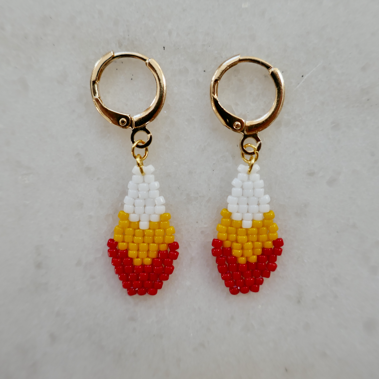 Bright Spark Red, Yellow & White - Micro Glass Bead Teardrop-Shaped Earrings - Tiny