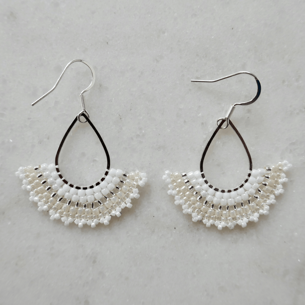 Silver Teardrop & White Glass Bead Earrings - Medium