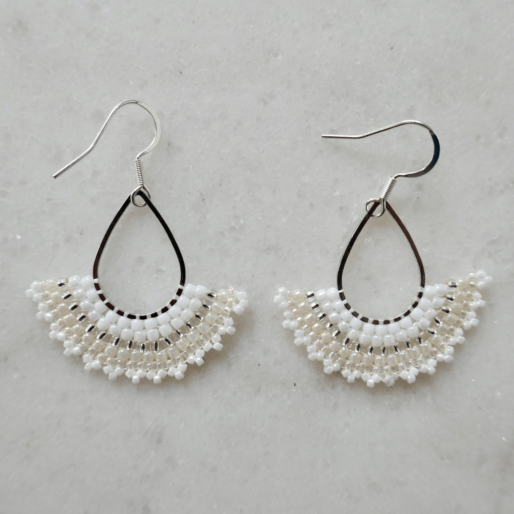 Silver Teardrop & White Glass Bead Earrings - Medium