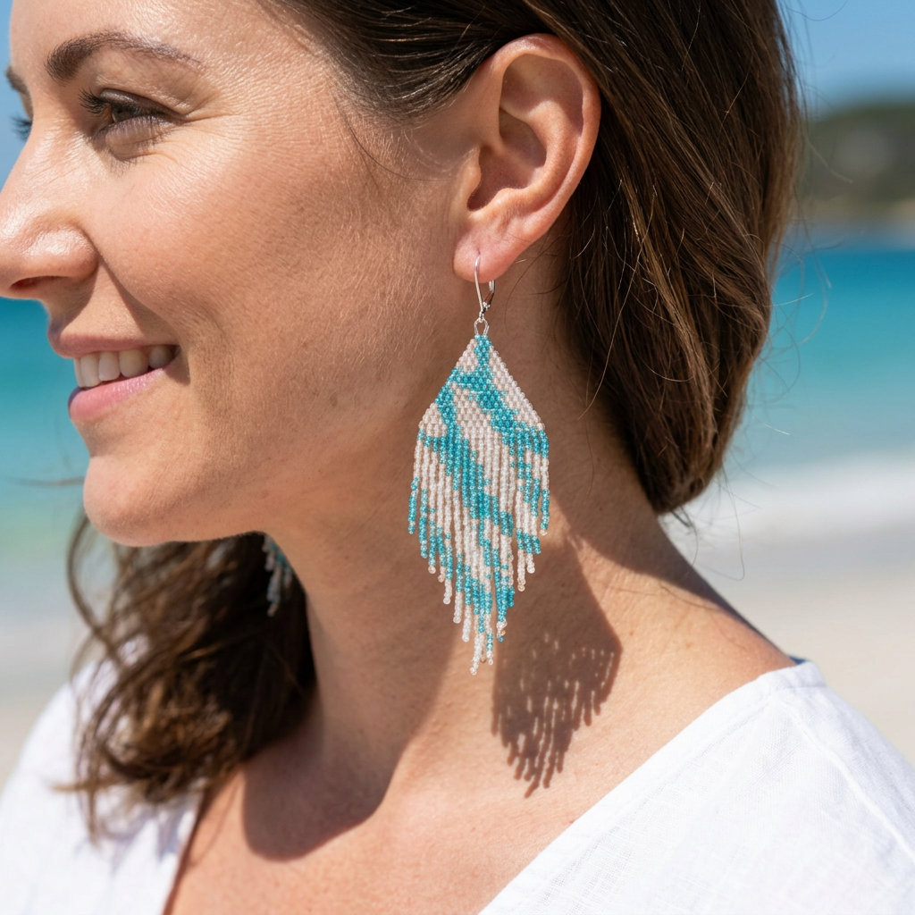 Aqua Sand Bars - Glass Bead Earrings - Large