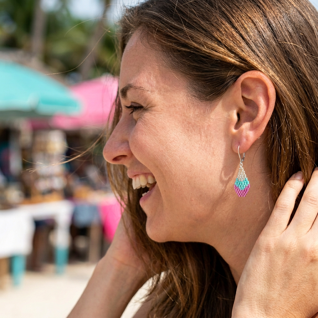 Bright Spark Berry & Aqua - Micro Glass Bead Teardrop-Shaped Earrings - Tiny
